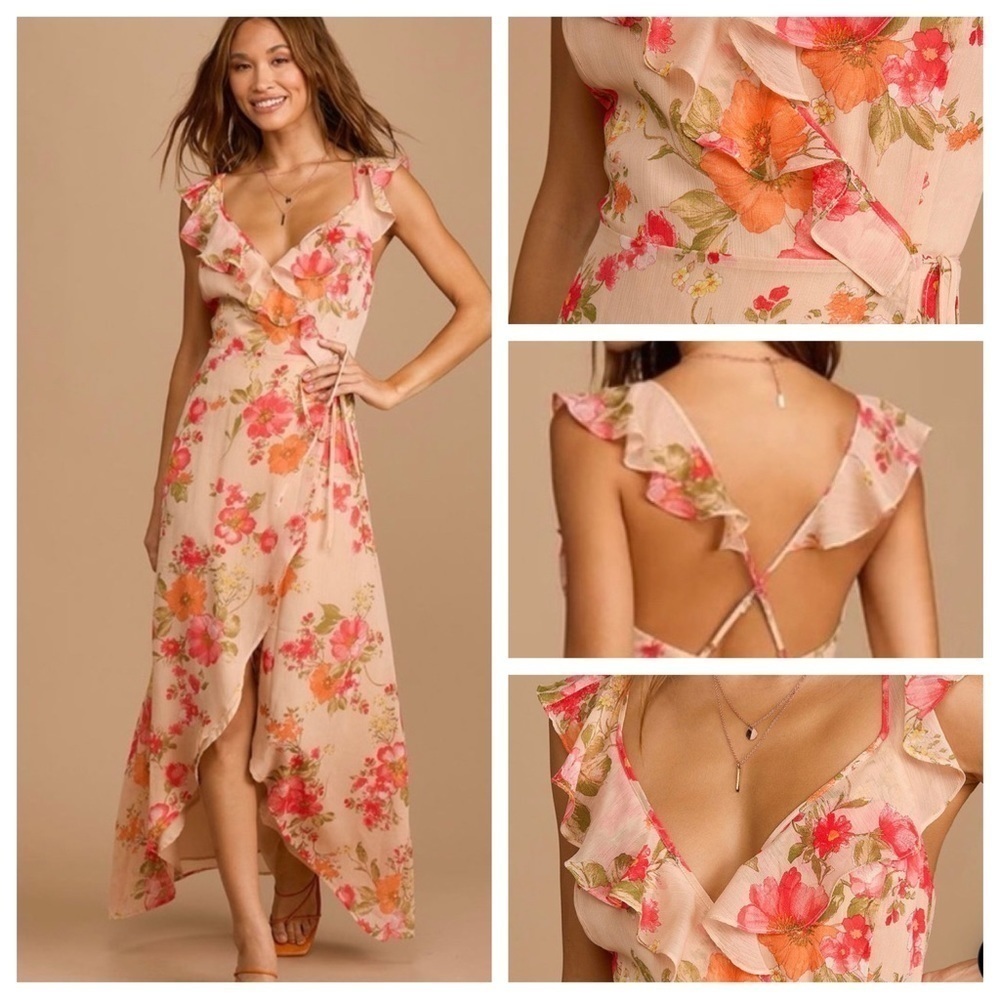 Lulu’s Start of Something New Beige Floral Print Wrap Maxi Dress Sz Lg